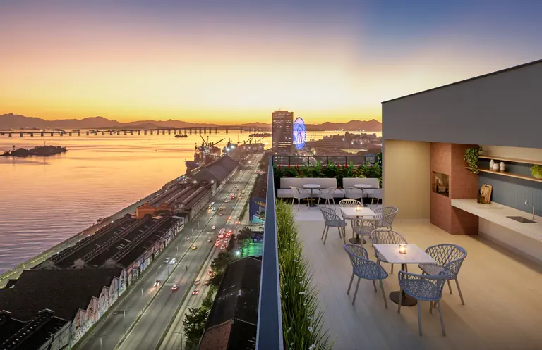 Perspectiva ilustrativa do espaço gourmet do Farol da Guanabara, com mesas e vista para a Baía de Guanabara