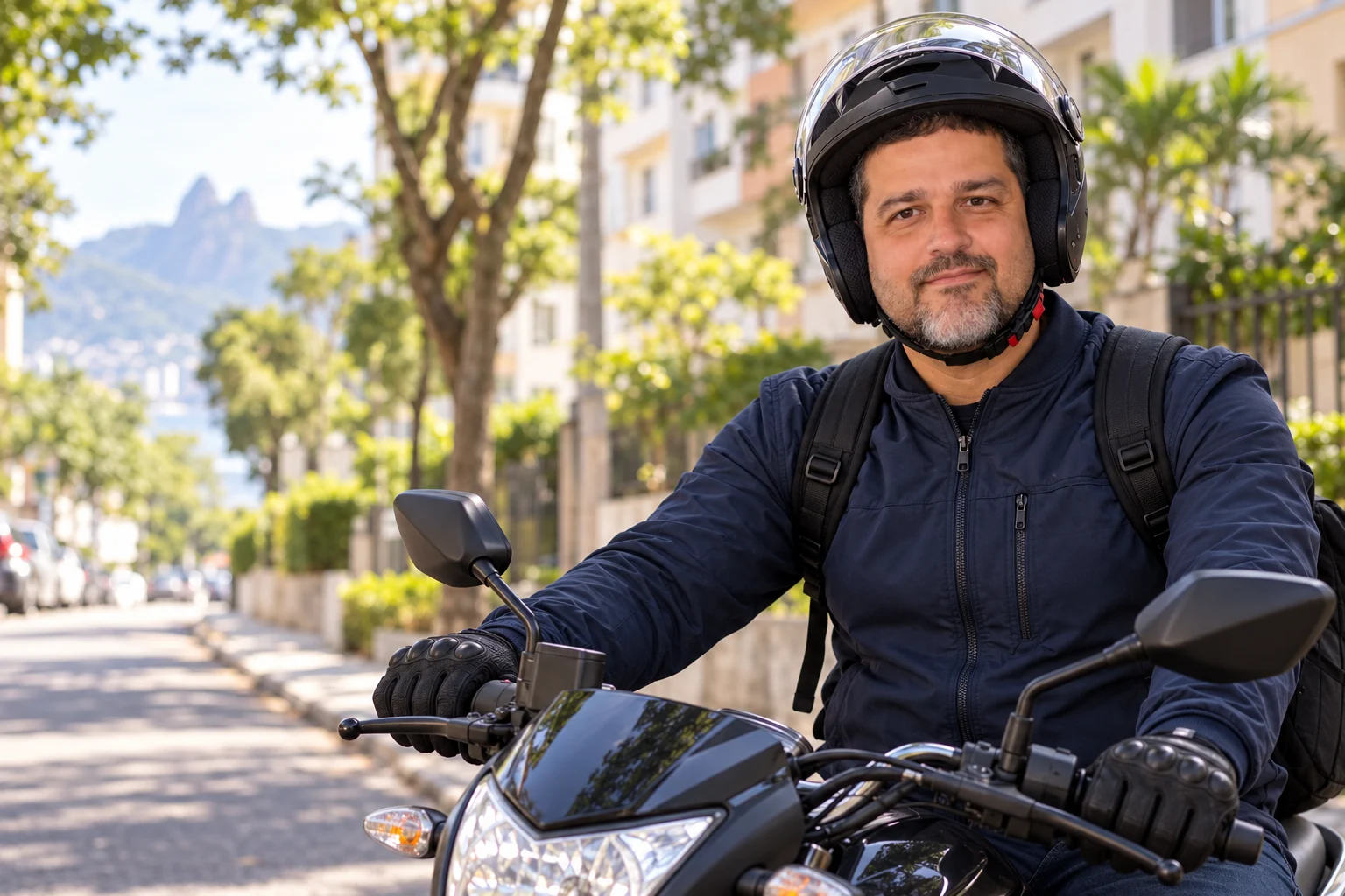 Cena ilustrativa de Cesar Jotta de capacete, em uma moto parada em uma rua do Rio de Janeiro
